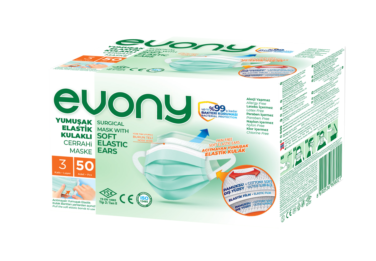 EVONY ELASTİK KULAKLIKLI MASKE YEŞİL 50'Lİ