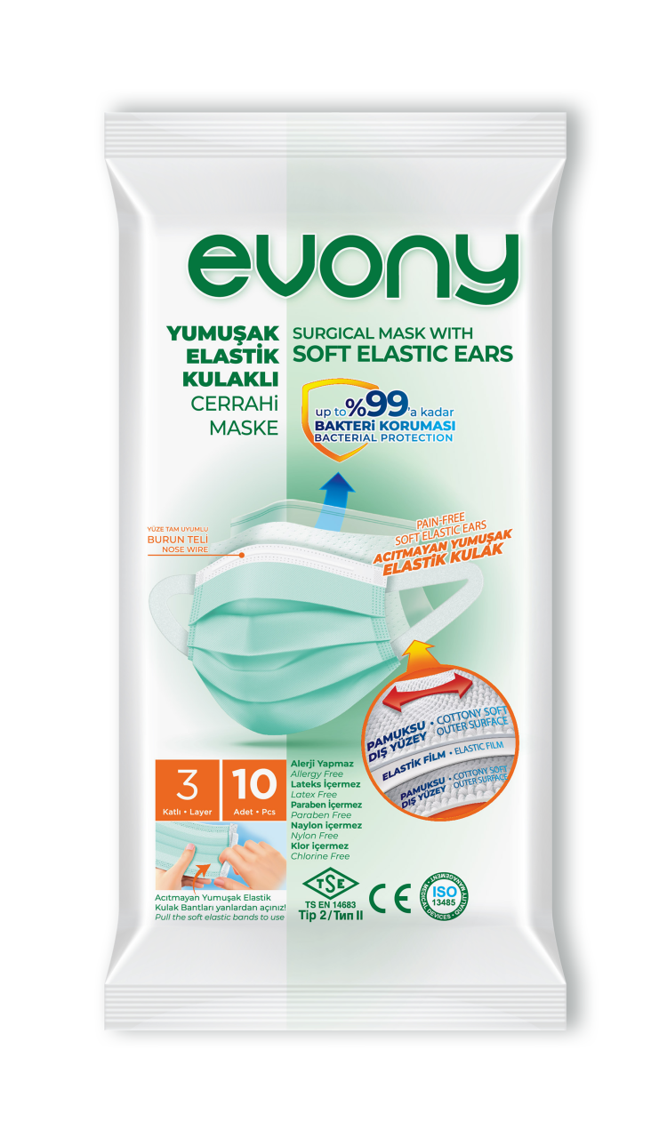 Evony Elastik Kulaklıklı Cerrahi Maske 10`lu