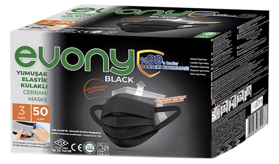 Evony Black Elastik Kulaklı Cerrahi Maske 50'li